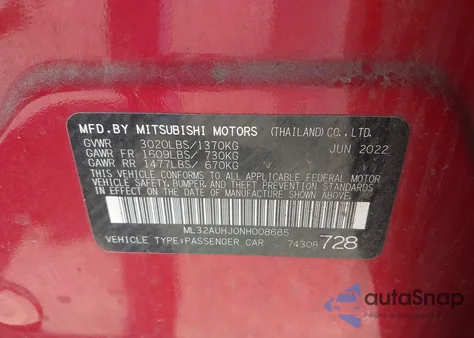 2022 Mitsubishi Mirage Es z USA, uszkodzony, nr VIN ML32AUHJ0NH008685